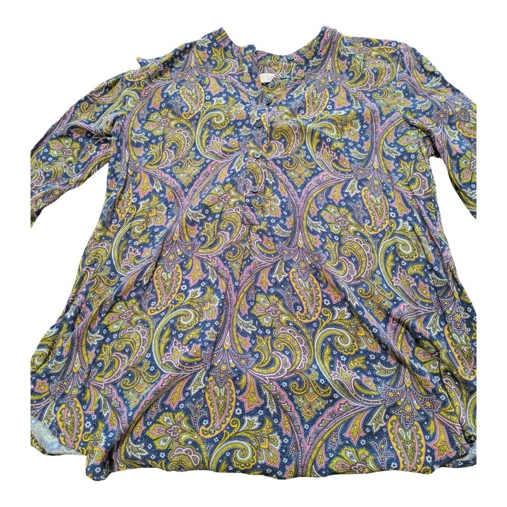 LOFT paisley yellow and blue button-down blouse Size SP Petite Long Sleeve - Picture 9 of 9